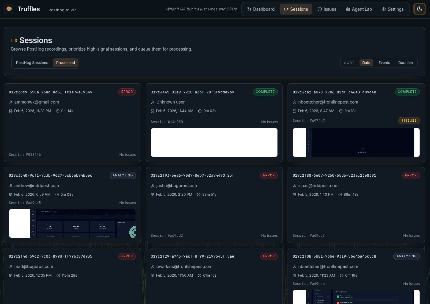 Sessions list (dark)
